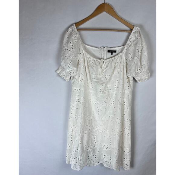 7 FOR ALL MANKIND EYELET PUFF SLEEVES WHITE SUMMER MINI DRESS SIZE LG - Picture 3 of 8